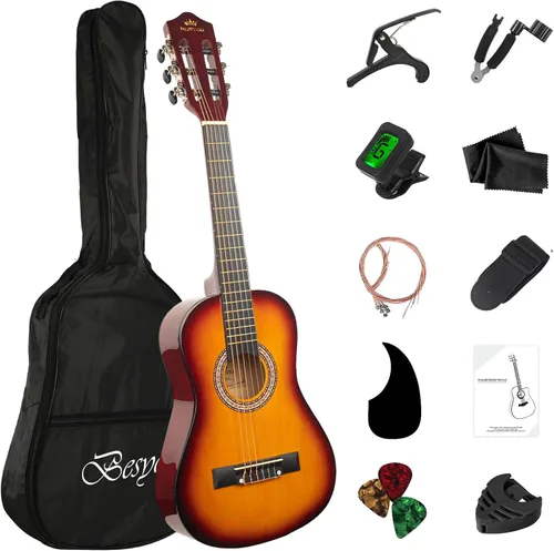 Vista 9 de Guitarra Acústica Negra para Principiantes de 30 pulgadas, Paquete de Inicio, Guitarra para Estudiantes/Niños con Funda, Correa, 2 Púas, Cuerdas