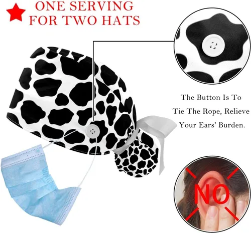 Vista 3 de DHH166 2 paquetes de gorras de trabajo con botones, banda para el sudor, gorras quirúrgicas ajustables para mujer, estampado de vaca impresa, Multi