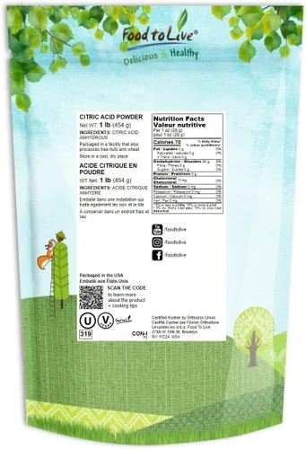 Vista 2 de Food to Live Polvo de ácido cítrico, 1 libra, anhidro, gránulos finos, sal de limón de grado alimenticio, ideal para hacer queso, limpiador