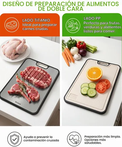 Vista 4 de Tabla de cortar de titanio no tóxica para cocina, tablas de cortar de titanio de grado alimenticio 2 en 1 de doble cara, alfombrilla de corte