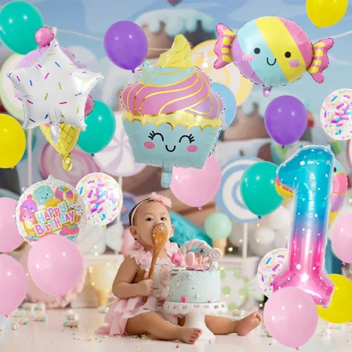 Vista 7 de 10 globos de caramelo, globos de gran número, helados, dulces, Sundae, globos de aluminio para niñas, suministros de decoración de fiesta