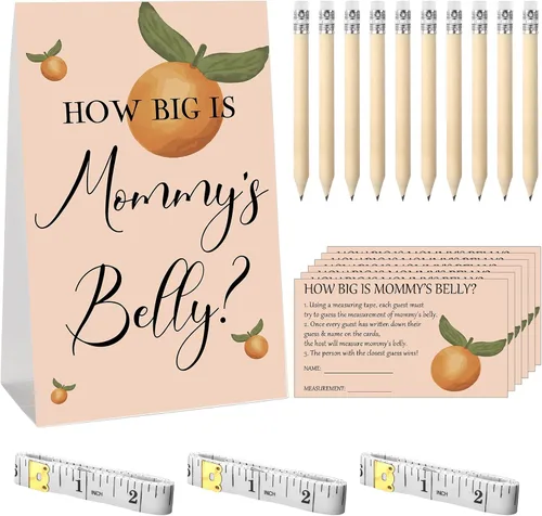 Vista 8 de Sabary 64 Piezas Juegos de Baby Shower Incluyen Letrero How Big is Mommy's Belly Sign Measure Bump Game 50 Tarjetas 10 Lápices 3 Cintas Métricas