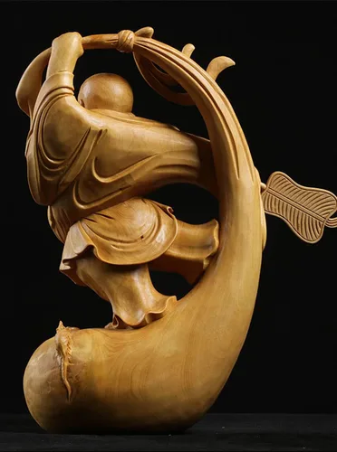Vista 6 de Estatua de Buda Maitreya Maitreya tallada a mano de boj natural (ventilador de bolsa de tela)