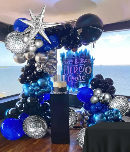 Vista 7 de Kit de guirnalda de globos azul real y plateado, con globos de aluminio de bola de discoteca 4D de estrella para hombres, cumpleaños de 30 años, día