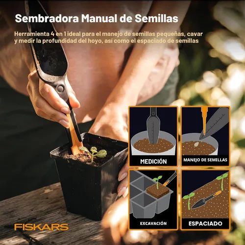 Vista 5 de Fiskars Juego de herramientas de jardín de verduras con tijeras de verduras, sembrador de semillas, paleta, cultivador, desbrozadora y guantes