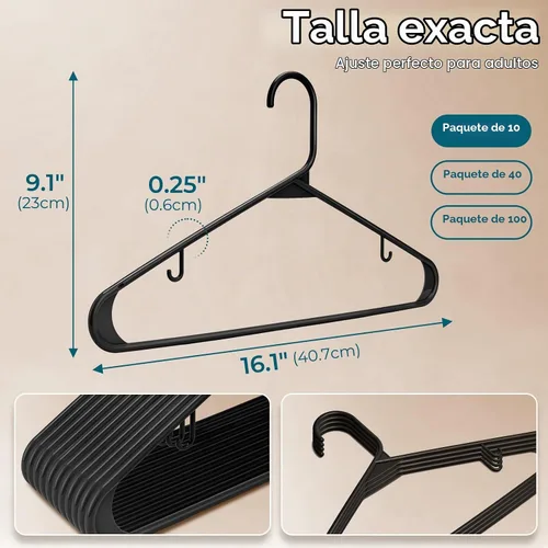Vista 3 de HOUSE DAY Paquete de 10 perchas de plástico color negro, perchas de plástico con ganchos integrados, percha duradera y fuerte para armario, ahorro