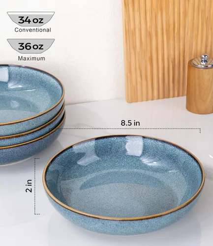 Vista 3 de AmorArc Juego de 4 cuencos grandes de cerámica para pasta de 8.5 pulgadas, cuencos de cerámica de 36 onzas para cocina, cuencos anchos para pasta