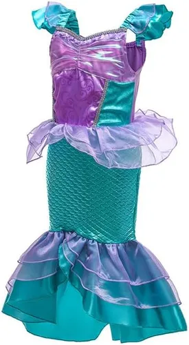 Vista 4 de Disfraz de sirena para niñas, disfraz de sirena de princesa con accesorios para cosplay de Halloween
