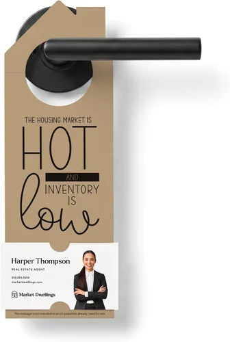 Vista 12 de Real Estate Door Hangers for Agents, The Housing Market Is Hot and Inventory Is Low, 50 Pack with Business Card Slot, 100lb Cardstock, White, Market