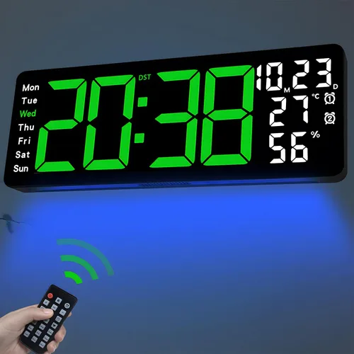 Vista 9 de JoFomp Reloj de pared digital grande de 17.3 pulgadas, reloj digital LED con control remoto, reloj despertador con Azul