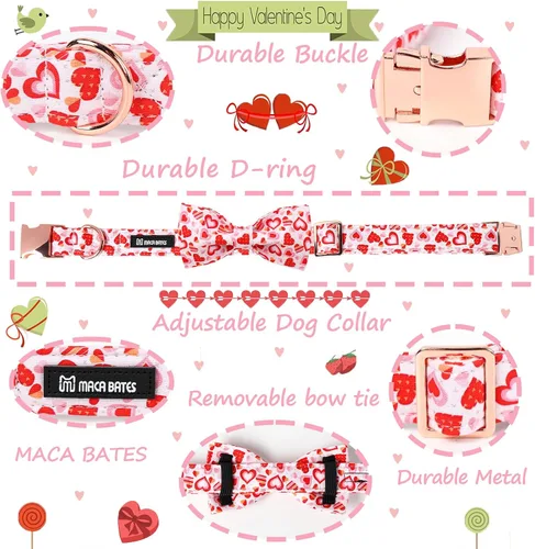 Vista 4 de Maca Bates - Collar de perro para el día de San Valentín con lazo elegante para perros extra pequeños, patrón de corazones rosados, ajustable