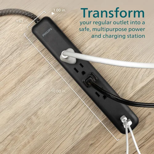Vista 6 de Philips Protector de sobretensiones de 4 tomas, cable trenzado de 4 pies, 1 USB-C, 1 USB-A, cable de extensión, tira de alimentación, para el hogar