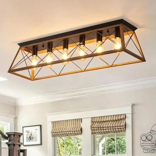 Vista 13 de 31.5" Flush Mount Ceiling Light Fixture, 5-Light Vintage Industrial Cage Chandelier for Dining Room, Kitchen Island, Living Room, Dimmable Semi