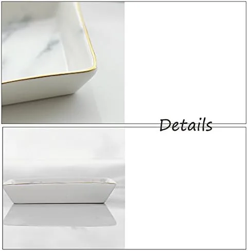 Vista 2 de SOCOSY Plato de cerámica de mármol para anillos de joyería, bandeja organizadora de joyas con bordes dorados, decoración del hogar, regalo de boda