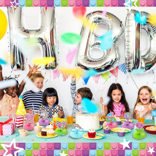 Vista 5 de Colarr 9 piezas de suministros para fiesta de cumpleaños de bloques de construcción, juegos de decoración de bloques de construcción, centros