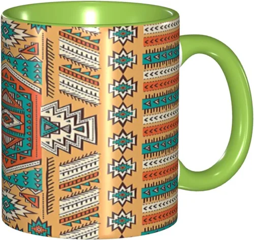 Vista 13 de Taza de café grande de cerámica, taza única tribal, patrón de tribu secreta azteca india, bohemio, 11 onzas, para oficina y hogar, naranja y verde
