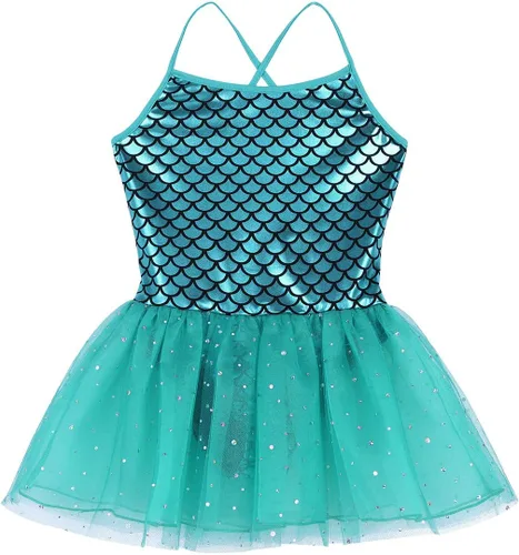 Vista 3 de Disfraz de sirena brillante para niñas, escamas de pez, espalda cruzada, leotardo tutú, ropa de baile, vestido de princesa