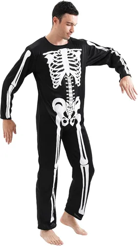 Vista 2 de Disfraz de Halloween de esqueleto en liquidación de Halloween para hombres adultos, overol de hueso de calavera 3D, disfraz de cosplay y fiesta