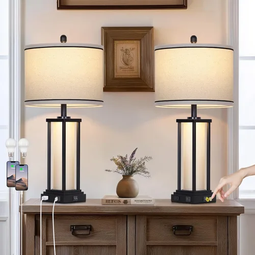 Vista 11 de 27in Tall Farmhouse Table Lamp with USB C+A & Outlet,Black Industrial End Table Lamp for Living Room,Vintage Rustic Bedside Lamp with Night Light