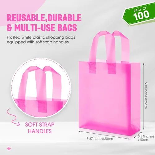 Vista 2 de Qilery Paquete de 100 bolsas de regalo de plástico esmerilado con asas, pequeñas bolsas de plástico de 8 x 4 x 10 pulgadas para pequeñas empresas