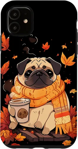 Vista 8 de Pug - Carcasa Kawaii para iPhone 17, diseño de hojas de otoño y calabaza