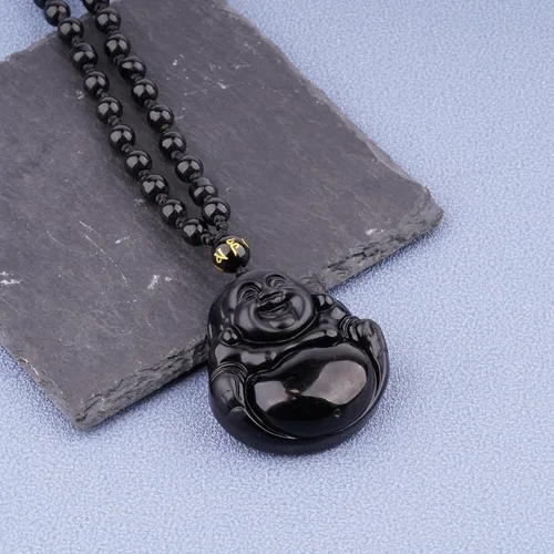 Vista 2 de Collar de obsidiana negra con dije de protección de amuleto de la suerte con cadena de cuentas extendida, piedra de cristal curativa, collares
