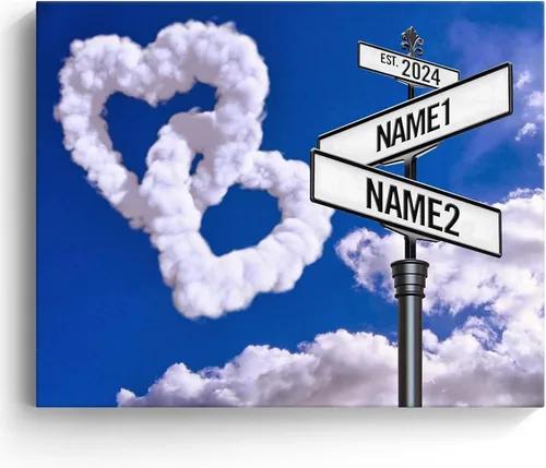 Vista 13 de Lienzo de letrero de calle vintage personalizado para parejas, nombre y fecha personalizados con tema de nube en blanco y negro, regalo de boda