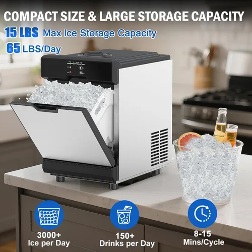 Vista 2 de Máquina de hielo Nugget para encimera 40 libras/día, contenedor de hielo de 10 libras, máquina de hielo de pellets suaves masticables de acero