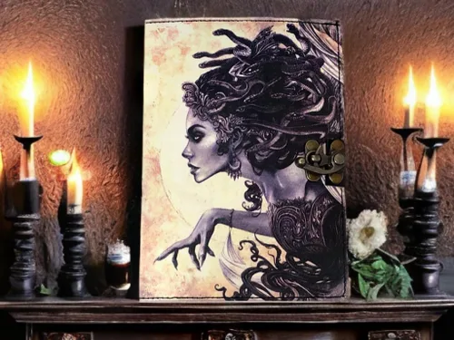 Vista 2 de Libro de hechizos en blanco de sombras con diario de cuero hecho a mano grimorio con 200 hechos a mano con papel de borde Deckle para regalos de 7 x
