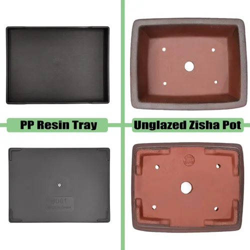 Vista 4 de MUZHI Maceta decorativa de cerámica para bonsái de 8.5 pulgadas con bandeja, maceta rectangular transpirable sin esmaltar de arcilla de terracota
