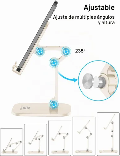 Vista 2 de Soporte para teléfono OCYCLONE, soporte para celular plegable con altura y ángulo ajustables para escritorio, soporte para iPhone más alto Beige