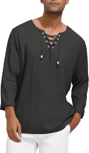 Vista 2 de PJ PAUL JONES Men's Linen Henley Shirt Long Sleeve V Neck Lace Up Renaissance Shirt Yoga Top