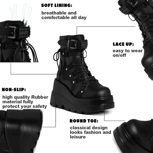 Vista 3 de Tscoyuki Botines de plataforma para mujer, botines de tacón alto gruesos, botas de combate góticas, botas de combate para mujer, con cordones, cuñas