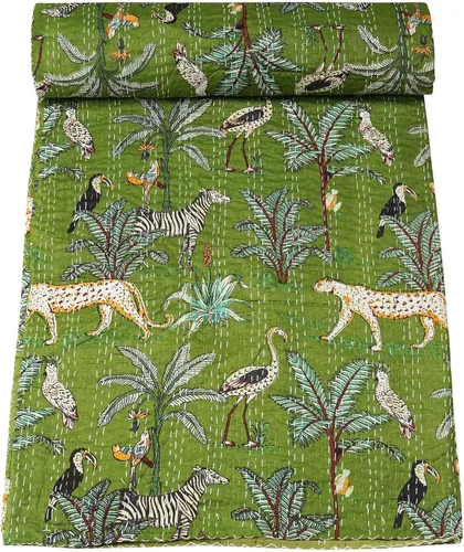 Vista 14 de Marubhumi Edredón tradicional indio de algodón puro con estampado de selva Kantha, funda de cama, colcha Kantha con estampado de animales, Gris