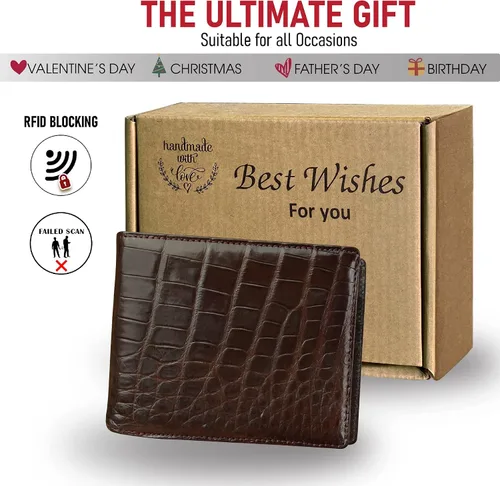 Vista 5 de HATA Cartera plegable de cocodrilo para hombre, hecha a mano para vientre o bocina con bloqueo RFID por vietnamita, Bifold-Dark Brown-Croc Belly