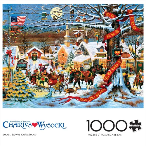 Vista 2 de Rompecabezas de 1000 piezas de Buffalo Games, diseño de Charles Wysocki: pequeño pueblo en Navidad Precision-Cut Pieces with Secure Fit