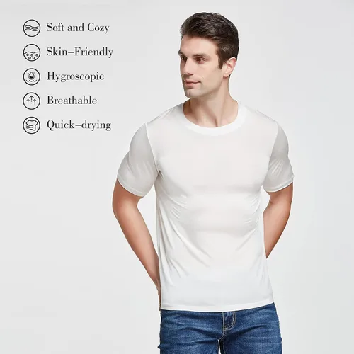 Vista 2 de Viamulion Camiseta de punto de seda para hombre, 100% seda de morera pura, suave y fresca, cuello redondo, camiseta interior casual