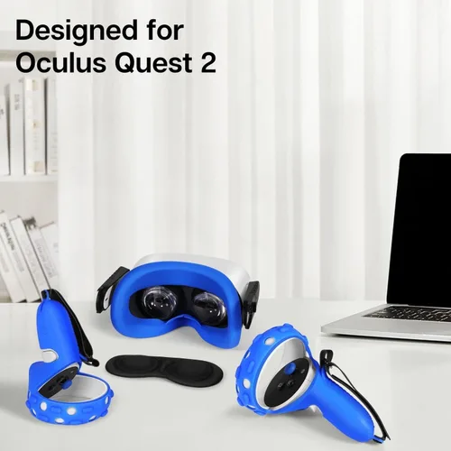 Vista 2 de TNP Silicone Cover Set for Oculus Quest 2 Meta Quest 2 Controller Protector Blue 3 in 1 Silicone VR Face Cover, Protective Lens Cover, VR Headset