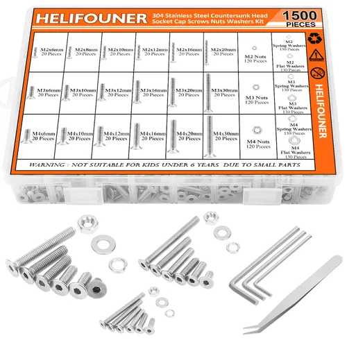 Vista 10 de HELIFOUNER 1500 piezas M2 M3 M4, cabeza de botón de acero inoxidable 304, tornillos métricos, pernos, arandelas, tuercas, kit surtido de accesorios