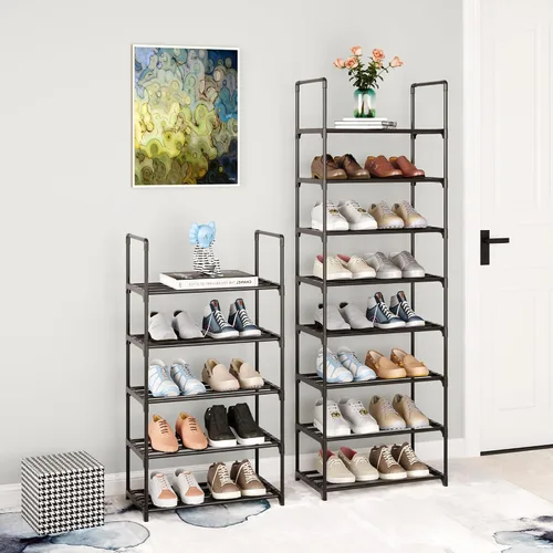 Vista 4 de Zapatero pequeño apilable, soporte estrecho para zapatos para niños, estante de almacenamiento de zapatos de metal para 6-8 pares de zapatos, Negro