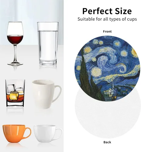 Vista 7 de Posavasos Van Gogh para decoración de bar en el hogar 4 posavasos redondos de cuero para pintura artística para bebidas; almohadillas para 8