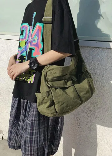 Vista 3 de Bolso bandolera grande con múltiples bolsillos de lona para mujeres y hombres