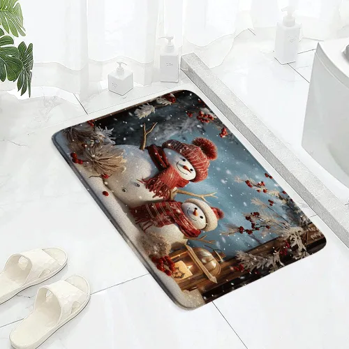 Vista 3 de Merry Christmas 2 Pcs Bathroom Sets Winter Snowman Xmas Red Berry Pine Tree Forest Happy New Year Shower Curtain and Bath Mat Set