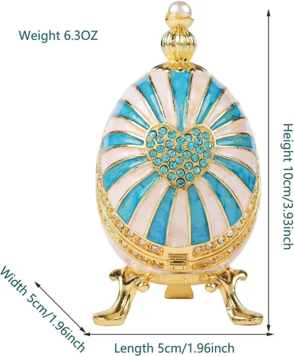 Vista 6 de Cajas de joyería con forma de huevo de Pascua azul con bisagras con diamantes de imitación en forma de amor, esmalte de regalo para mujeres