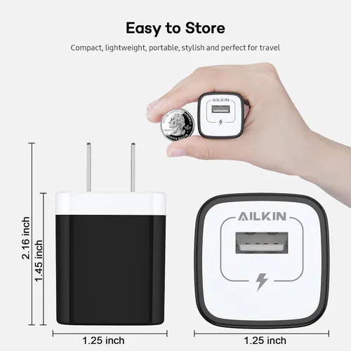 Vista 5 de Cargador de pared USB multipuerto de 1 puerto, adaptador de cargador, paquete de 5 enchufes de carga rápida de 1 amperio, enchufe USB ac Cube
