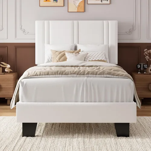 Vista 11 de iPormis Base de cama de plataforma individual con cabecera tapizada de tela y patas gruesas, base de colchón con soporte de listones de madera Gris
