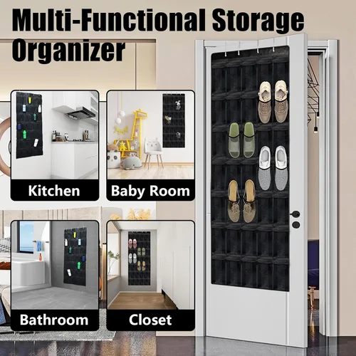 Vista 7 de Organizador de zapatos sobre la puerta de 35 bolsillos, zapatero colgante plegable negro para puerta con ganchos de metal, instalación sin taladros