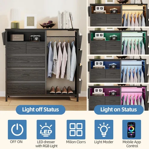 Vista 3 de Espelism Cómoda para dormitorio con perchero, bolsillos laterales, cómoda de 5 cajones con estación de carga, luces LED, cómoda de almacenamiento