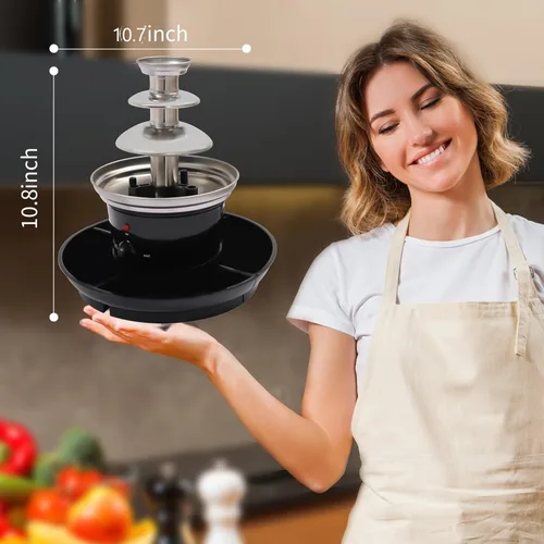 Vista 7 de Fuente de chocolate de 3 niveles de 120 V, 40 W, acero inoxidable negro, capacidad de 1 libra, con bandeja de alimentos y 6 tenedores para fiestas