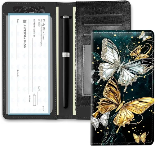 Vista 13 de RFID Blocking Checkbook Cover for Women & Men, Premium PU Leather Print Wallet for Duplicate Checks, Slim Organizer with Pen Holder, Credit Card